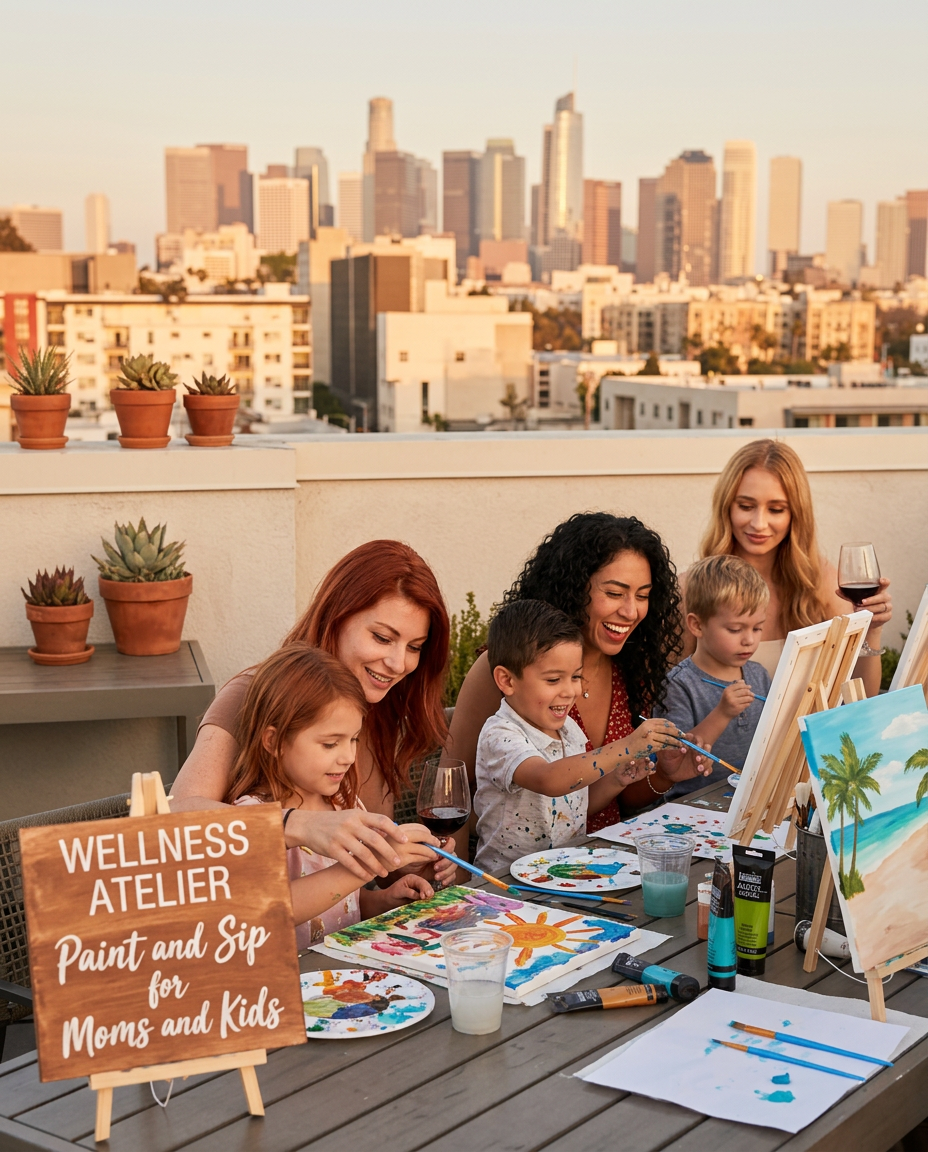 Moms and their young kids painting together at a Wellness Atelier Paint and Sip family class on a Los Angeles rooftop at golden hour