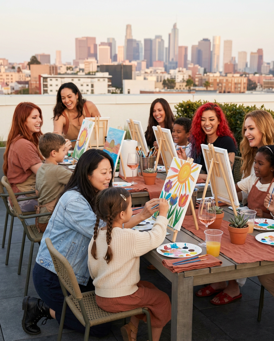 Group of moms and kids gathered around easels at a Wellness Atelier outdoor Paint and Sip family class with the LA skyline behind them